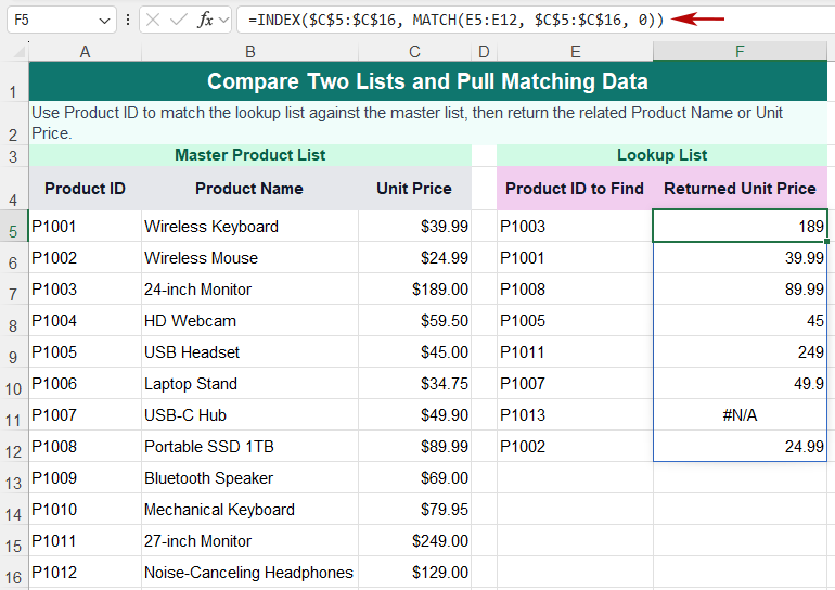 Return matching unit prices for multiple Product IDs in Excel