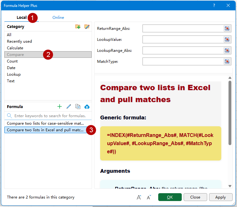 Select Compare two lists in Excel and pull matches from the Compare category