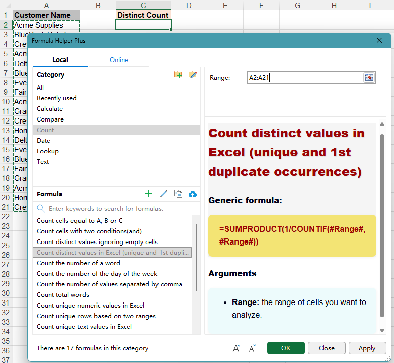 Formula Helper Plus dialog box