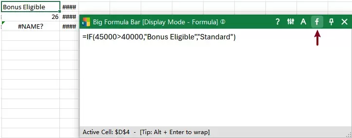 the display formula icon is turned off