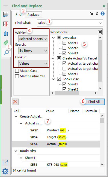 Illustration of finding values, hyperlinks, chart titles in multiple worksheets of opened workbooks