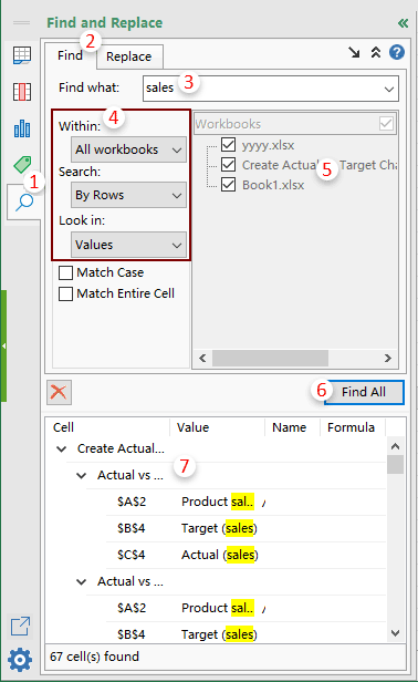 Illustration of finding values, hyperlinks, chart titles in all opened workbooks (Excel files)
