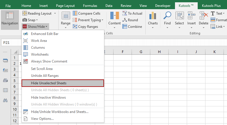 Quickly hide all inactive (all not-selected) worksheets in Excel