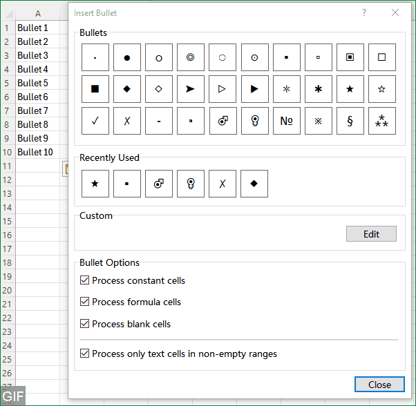 Insert preset bullet points in bulk