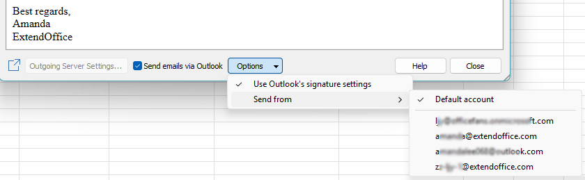Choose an Outlook sender account and control whether to include the Outlook signature