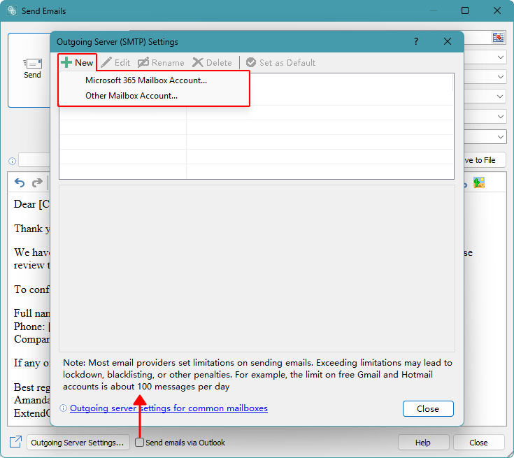 Open Outgoing Server Settings after clearing Send emails via Outlook