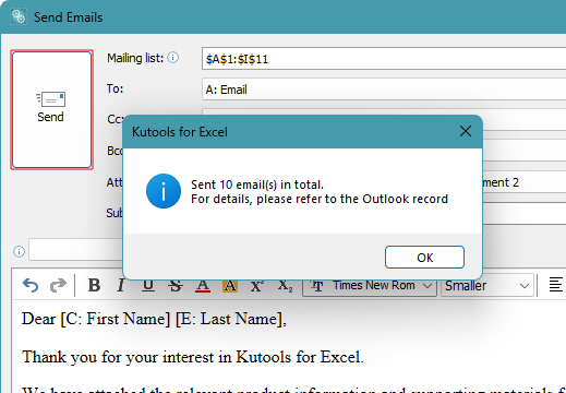 Confirmation showing the number of emails sent successfully