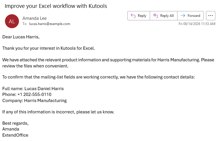Personalized emails sent from the Excel mailing list