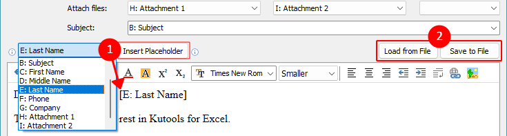 Select a mailing-list field above the message editor and insert it as a placeholder