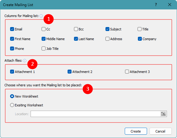 Creating Mailing List dialog with column, attachment, and worksheet options