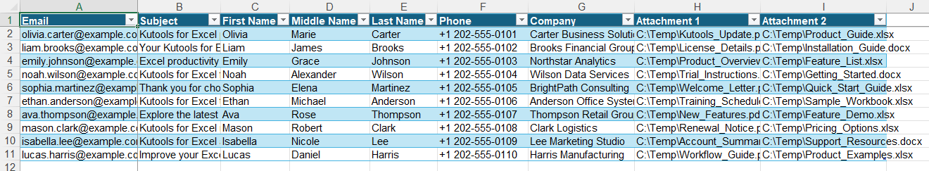 Completed Excel mailing list with recipients, subjects, and attachment paths