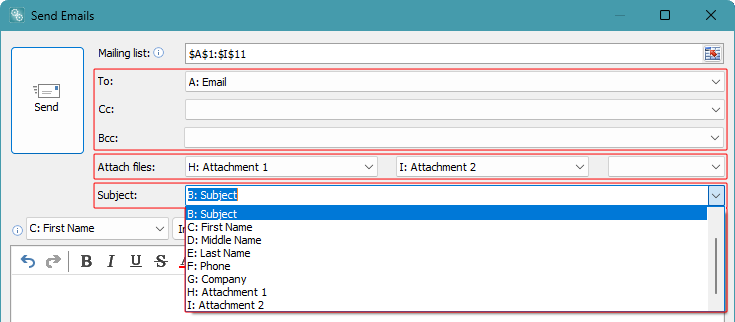Select the mailing-list columns containing the recipient addresses, attachments, and subjects