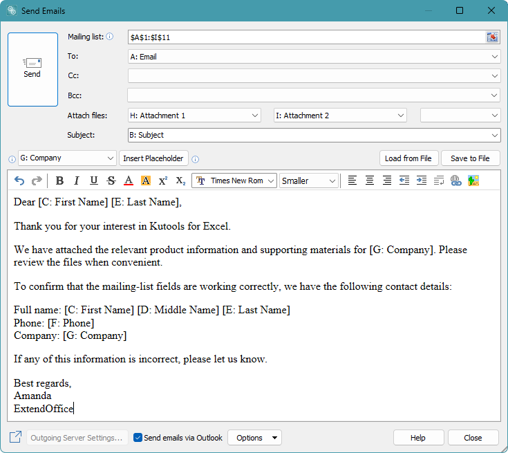 Compose and format a personalized email in the Send Emails dialog