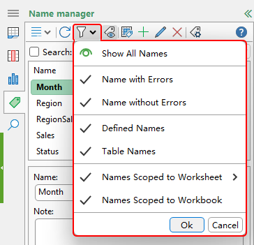 Filter options in the Name Manager panel