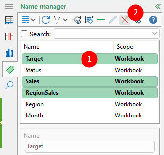 Delete multiple names using the Name Manager panel