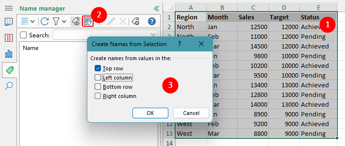 Steps of creating named ranges from selection using Kutools