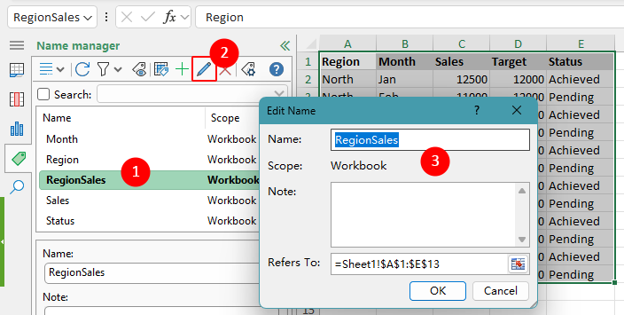 Edit a named range through the dialog box