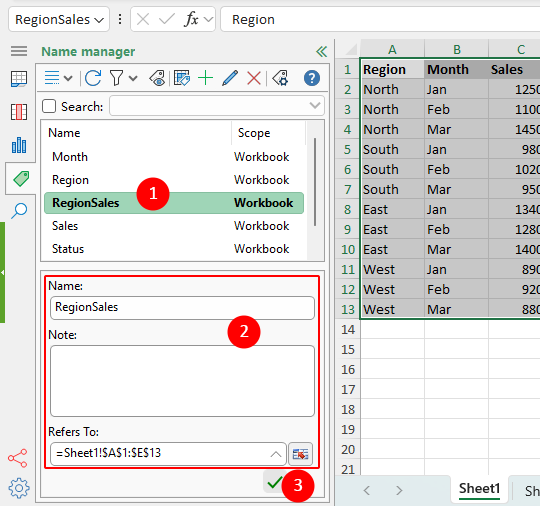 Edit a named range directly in the details pane