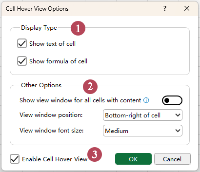 The Cell Hover View Options dialog