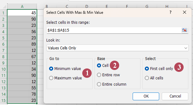 the Select Cells with Max & Min Value dialog