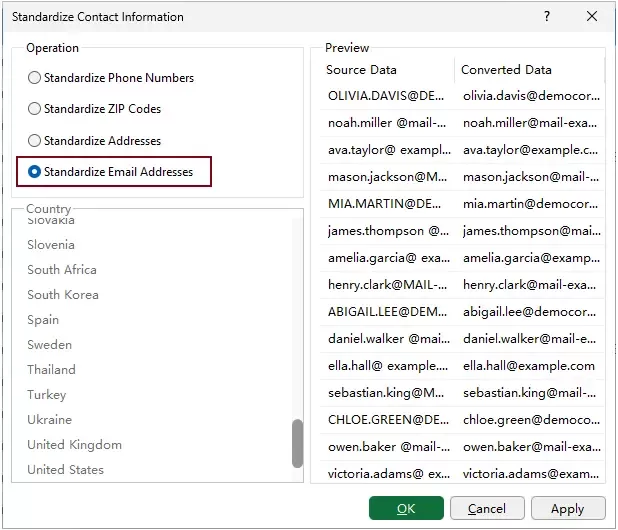 a screenshot of configuring the settings to standardize email addresses