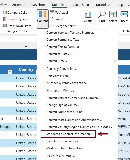 a screenshot shows how to open the standardize contact information dialog box