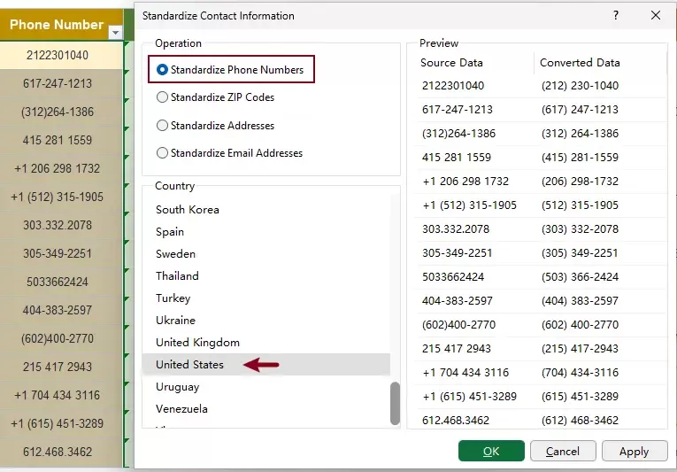 a screenshot of configuring the settings to standardize phone numbers
