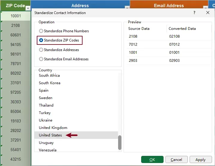 a screenshot of configuring the settings to standardize zip codes