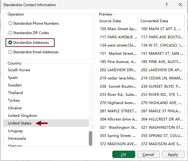 a screenshot of configuring the settings to standardize addresses