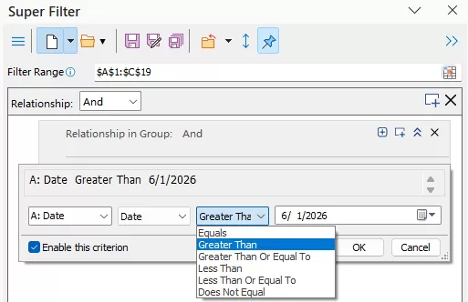 configure the criteria