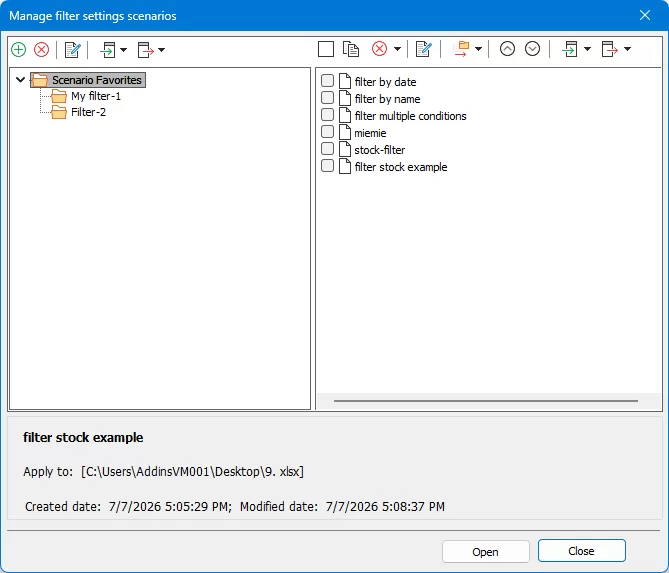 Manage filter settings scenarios window