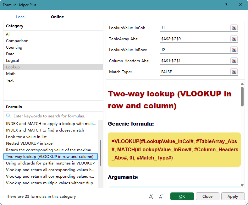 Two-way lookup arguments configured in Formula Helper Plus