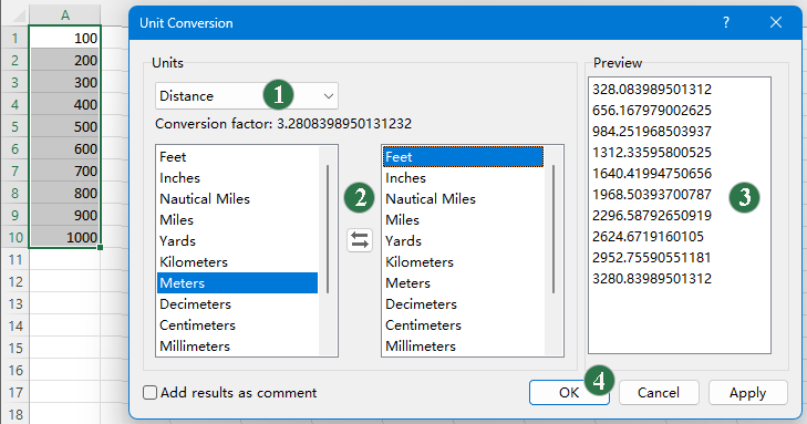 Convert meters to feet, inches, miles or yards in Excel