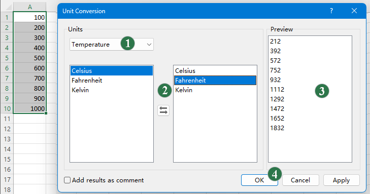 Convert Celsius to Fahrenheit or Kelvin in Excel