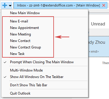 Create new items such as emails, appointments, tasks, and more from the tab bar