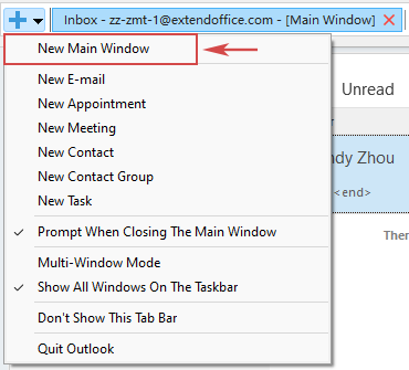 Create a new main Outlook window from the tab bar