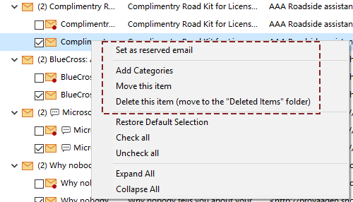 right-clicking menu for item