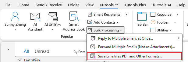 A screenshot showing the Save Selected Emails as Files in Various Formats like PDF option on the ribbon