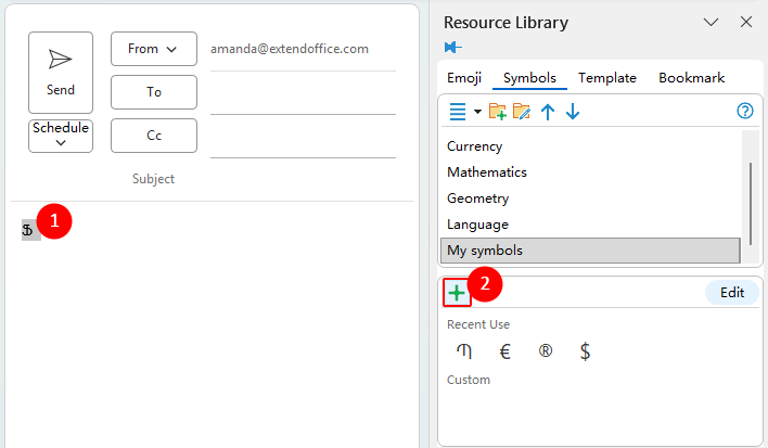 Add (+) button in the Symbols pane for adding a selected symbol