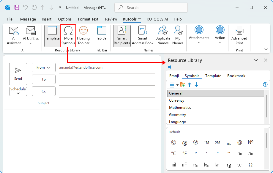 Open the Resource Library pane with the Symbols tab active in Outlook