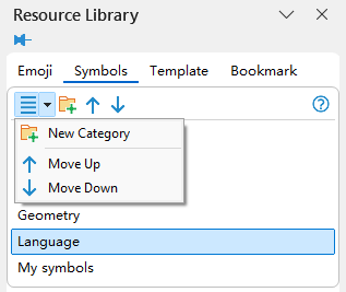 Category menu options available when a built-in symbol category is selected