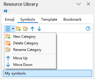 Category menu options available when a custom symbol category is selected