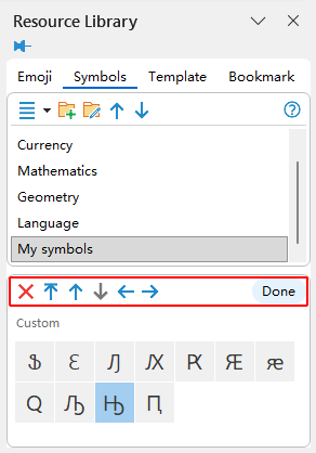 Edit mode enabled in the Symbols pane, showing options to rearrange or remove custom symbols