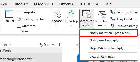 Notify me when I get a reply option on the Kutools tab on the ribbon
