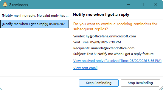 Reminders dialog box