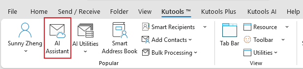 Kutools AI on the Outlook Ribbon