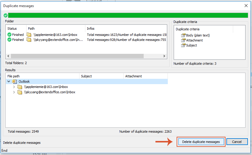 Quickly delete or remove duplicate emails in outlook