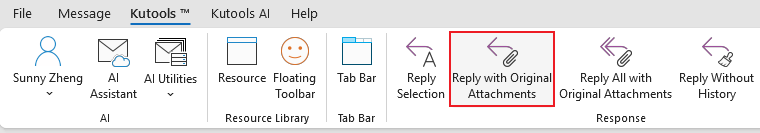 A screenshot showing the Reply with Original Attachments option on the ribbon