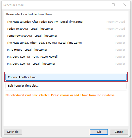 shot of the Choose Another Time button