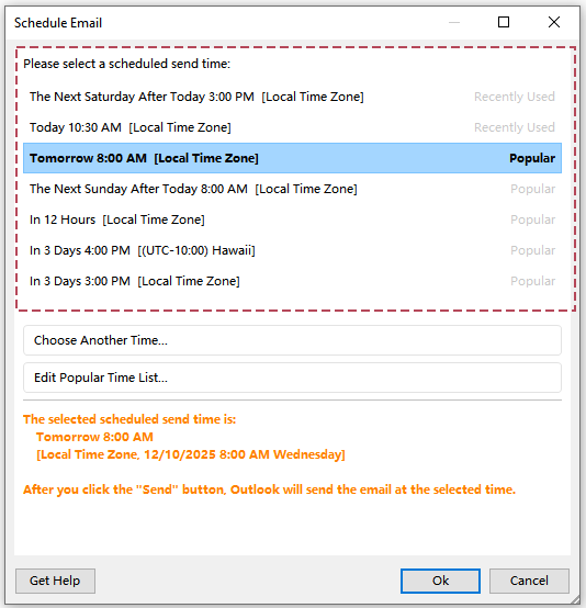 shot of the existing scheduled send times